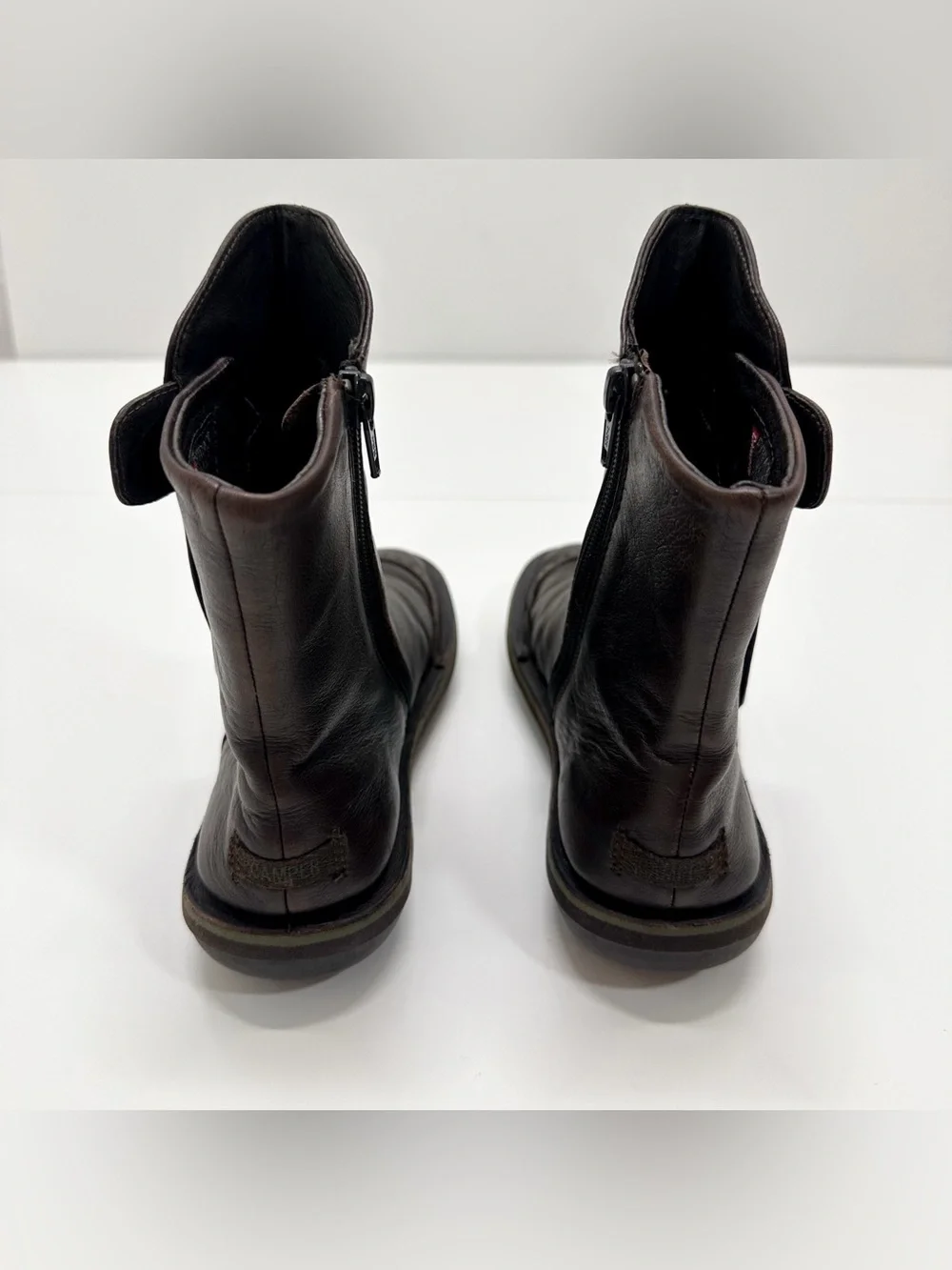 Camper Beetle Leather Side Snap Ankle Boots in Dark Brown and Green